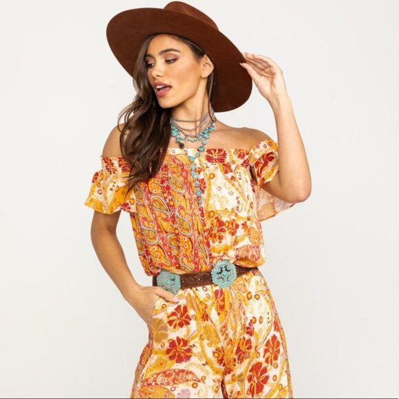 Free People Bohemian Wide Leg Orange Yellow Floral Jumpsuit Carmen Smock XS Boho - Picture 15 of 15